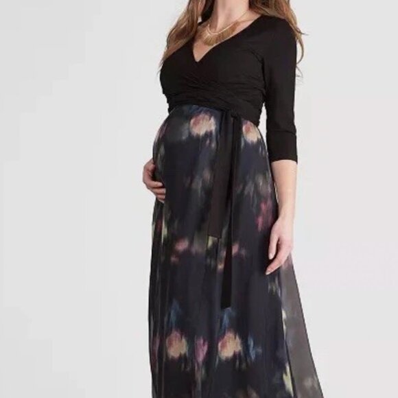 LUXE By Seraphine Wrap Nursing Gown Size 12 Petunia Maxi Black Floral Dress Baby - Picture 1 of 16